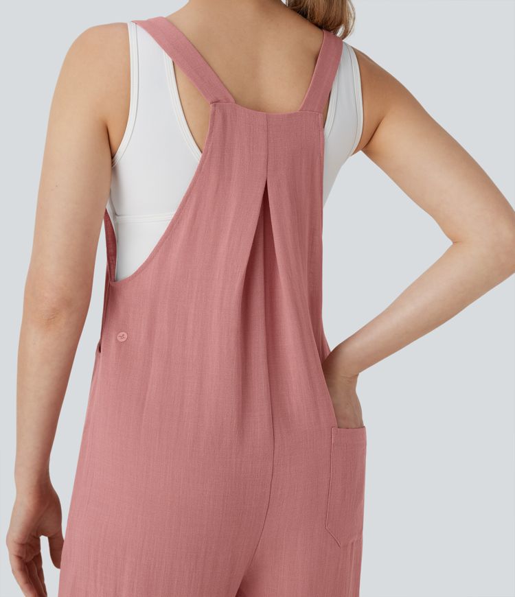 Lässiger Overall mit Leinengefühl, mehreren Taschen, verstellbaren Trägern und Kordelzug