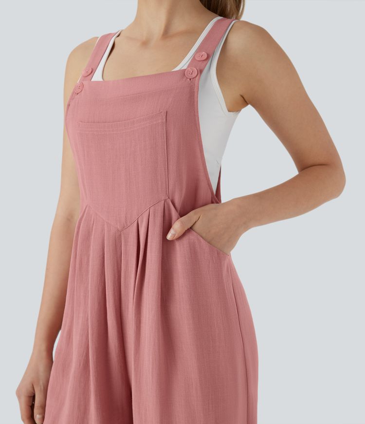 Lässiger Overall mit Leinengefühl, mehreren Taschen, verstellbaren Trägern und Kordelzug