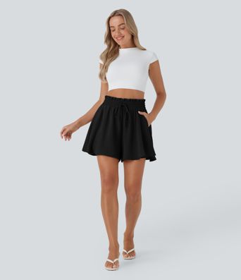 Paper Bag High Waist Drawstring Pocket Casual Linen-Feel Wide Leg Shorts