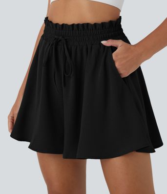 Paper Bag High Waist Drawstring Pocket Casual Linen-Feel Wide Leg Shorts