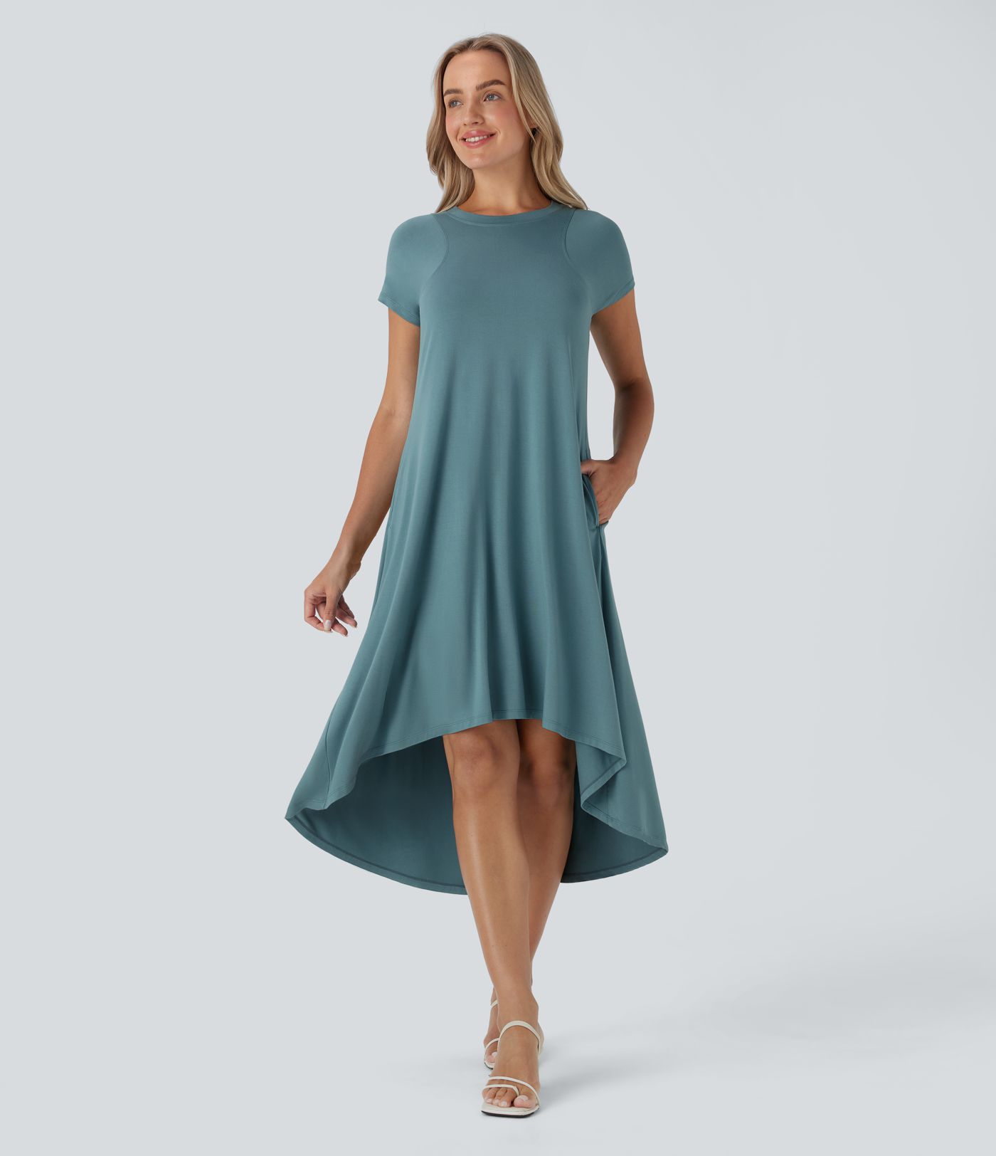 Vestido midi fluido cuello redondo manga corta bolsillo lateral