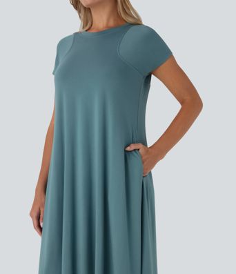 Vestido midi fluido cuello redondo manga corta bolsillo lateral