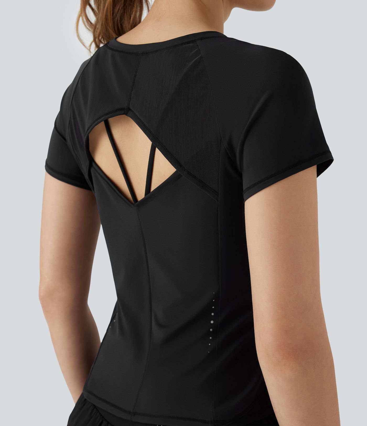 Reflective Round Neck Short Sleeve Contrast Mesh Cut Out Cool Touch Quick Dry Running Sports Top