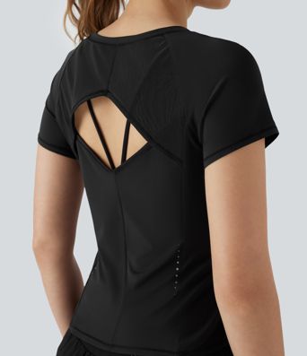 Reflective Round Neck Short Sleeve Contrast Mesh Cut Out Cool Touch Quick Dry Running Sports Top