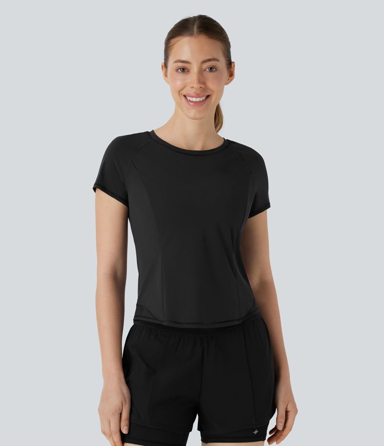 Reflective Round Neck Short Sleeve Contrast Mesh Cut Out Cool Touch Quick Dry Running Sports Top