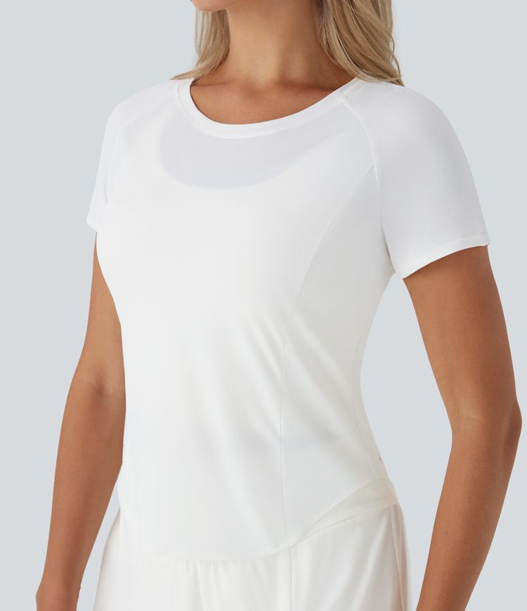 Reflective Round Neck Short Sleeve Contrast Mesh Cut Out  Quick Dry Running Sports Top