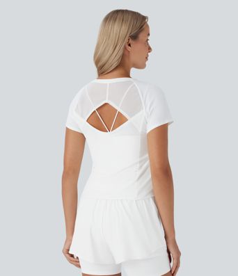 Reflective Round Neck Short Sleeve Contrast Mesh Cut Out InstantCool Quick Dry Running Sports Top