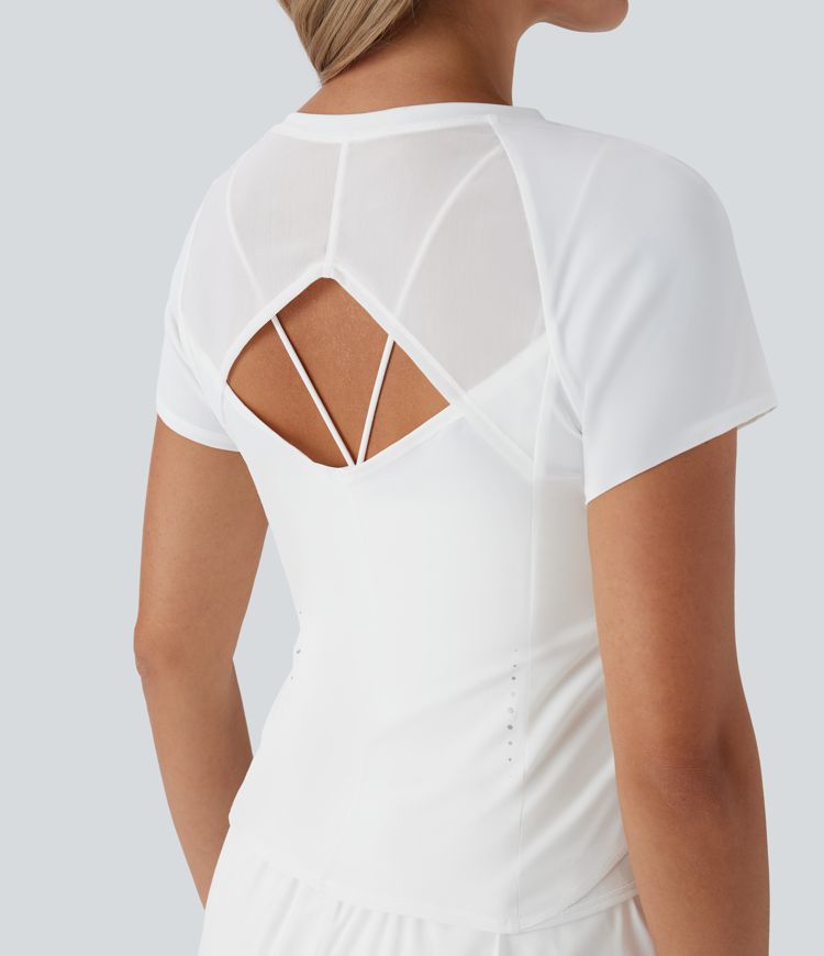 Reflective Round Neck Short Sleeve Contrast Mesh Cut Out  Quick Dry Running Sports Top