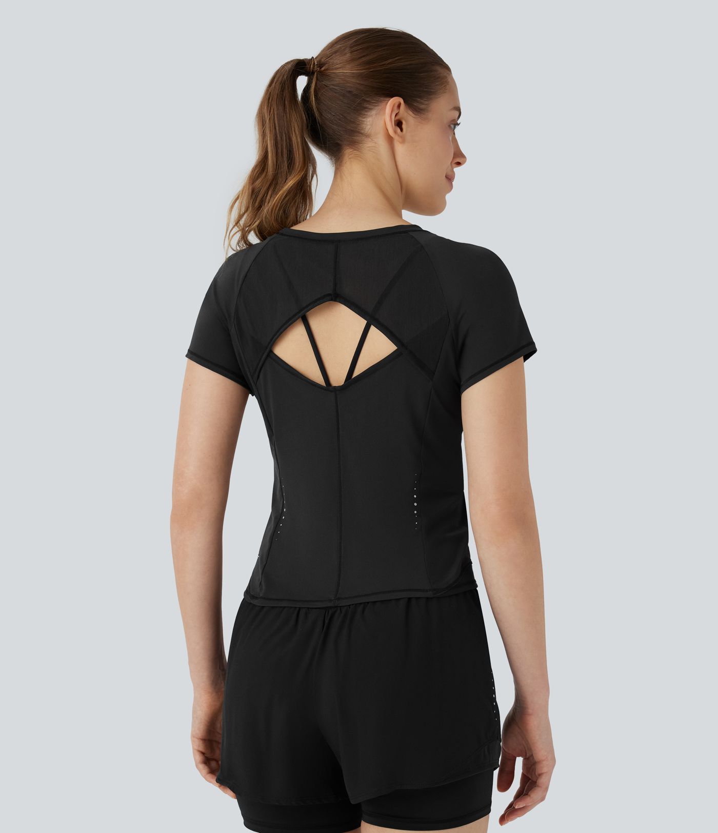 Reflective Round Neck Short Sleeve Contrast Mesh Cut Out Cool Touch Quick Dry Running Sports Top