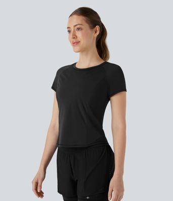 Reflective Round Neck Short Sleeve Contrast Mesh Cut Out Cool Touch Quick Dry Running Sports Top