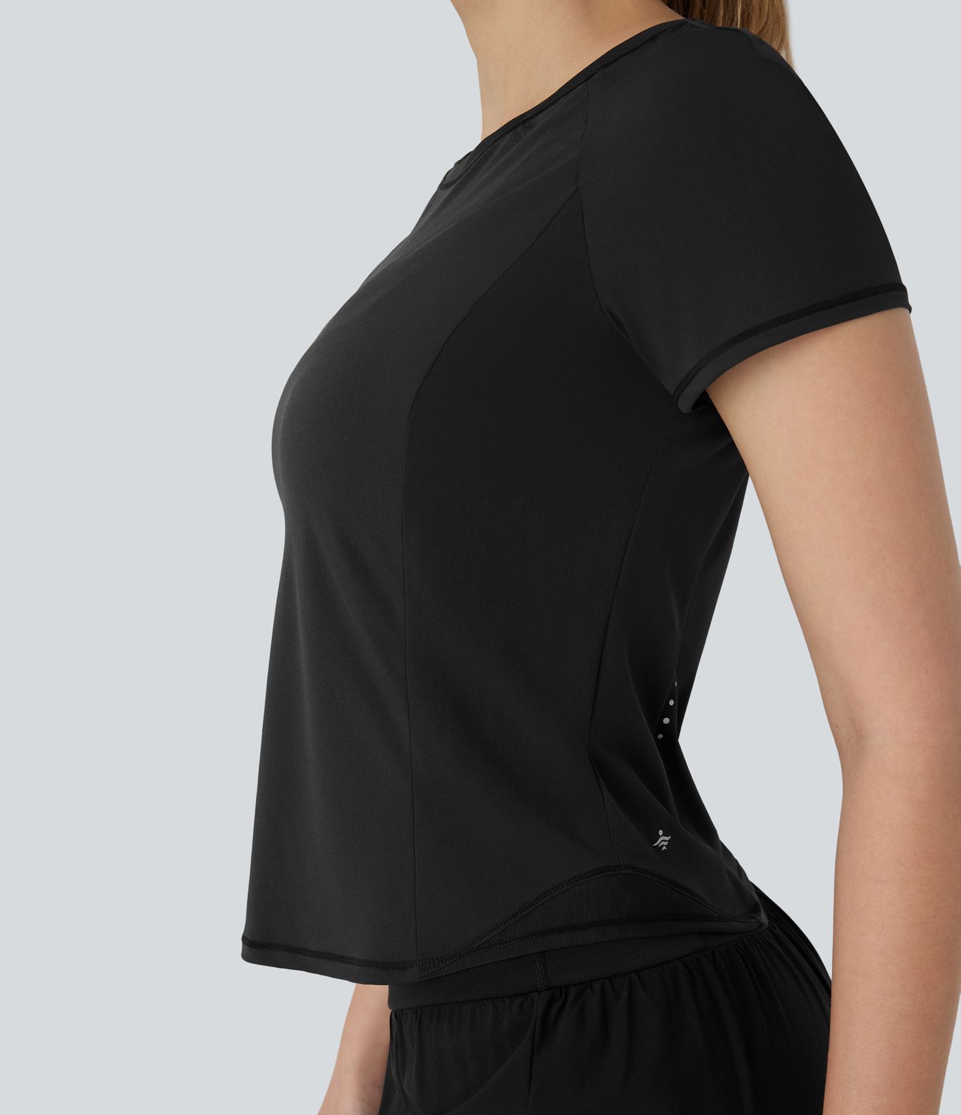 Reflective Round Neck Short Sleeve Contrast Mesh Cut Out Cool Touch Quick Dry Running Sports Top