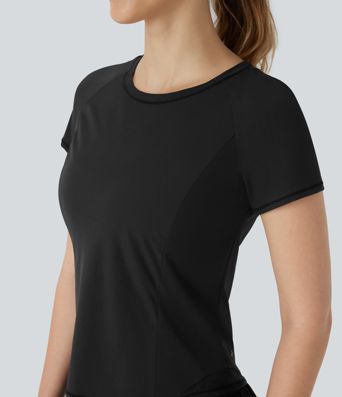 Reflective Round Neck Short Sleeve Contrast Mesh Cut Out Cool Touch Quick Dry Running Sports Top