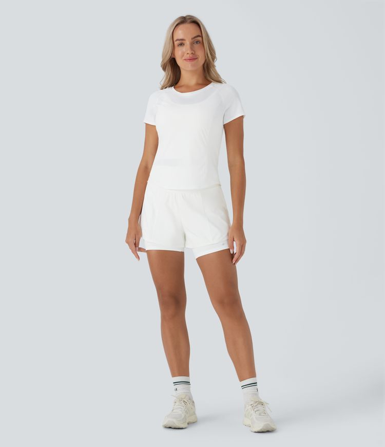 Reflective Round Neck Short Sleeve Contrast Mesh Cut Out  Quick Dry Running Sports Top