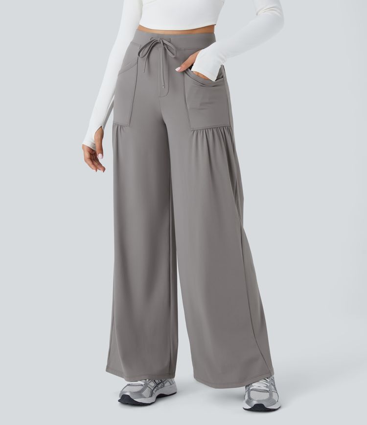 High Waisted Drawstring Pockets Wide Leg Yoga Pants