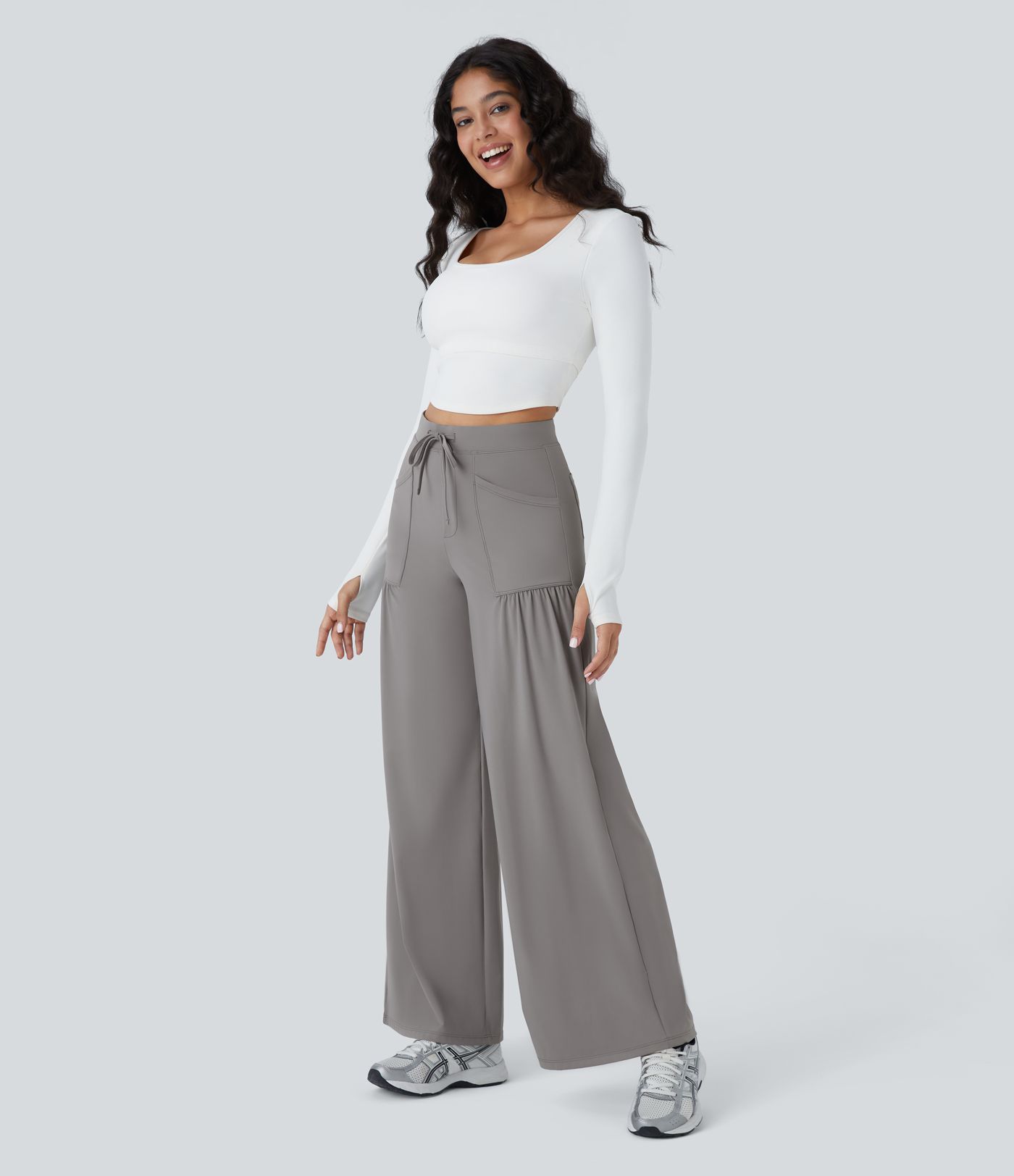High Waisted Drawstring Pockets Wide Leg Yoga Pants