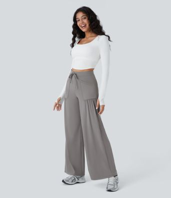 High Waisted Drawstring Pockets Wide Leg Yoga Pants