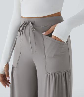 High Waisted Drawstring Pockets Wide Leg Yoga Pants
