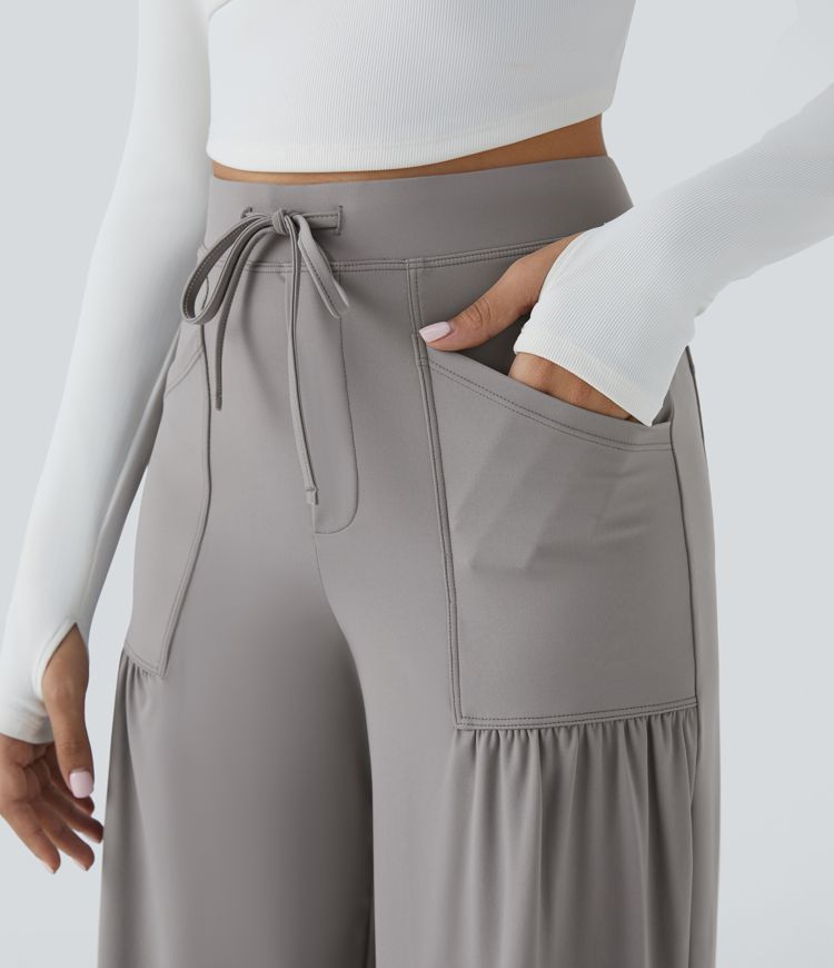 High Waisted Drawstring Pockets Wide Leg Yoga Pants