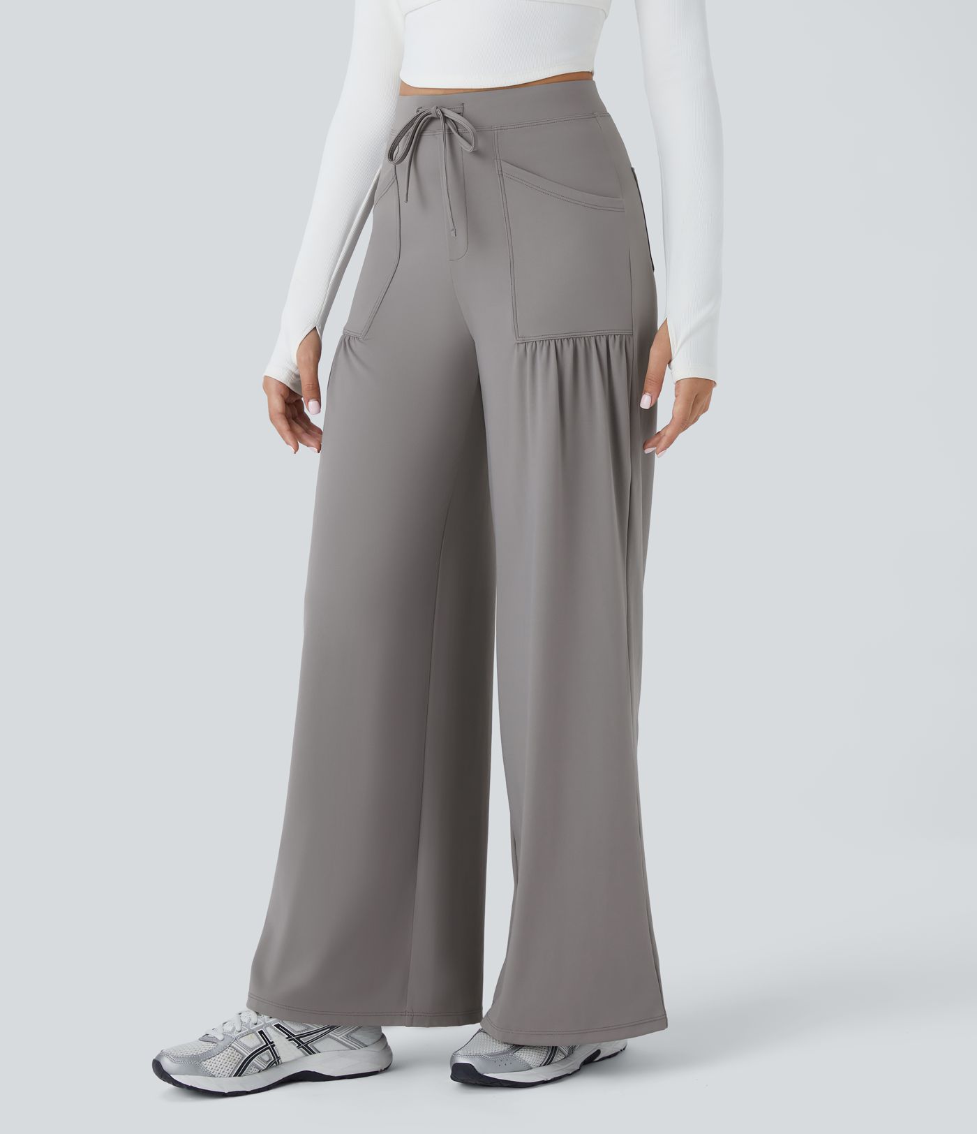 High Waisted Drawstring Pockets Wide Leg Yoga Pants