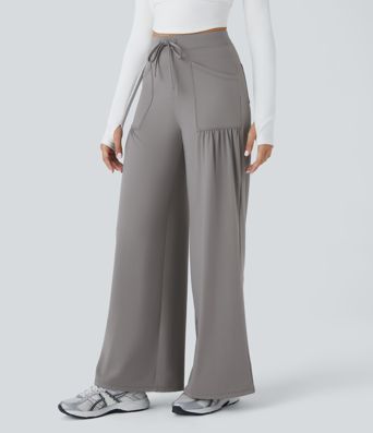High Waisted Drawstring Pockets Wide Leg Yoga Pants