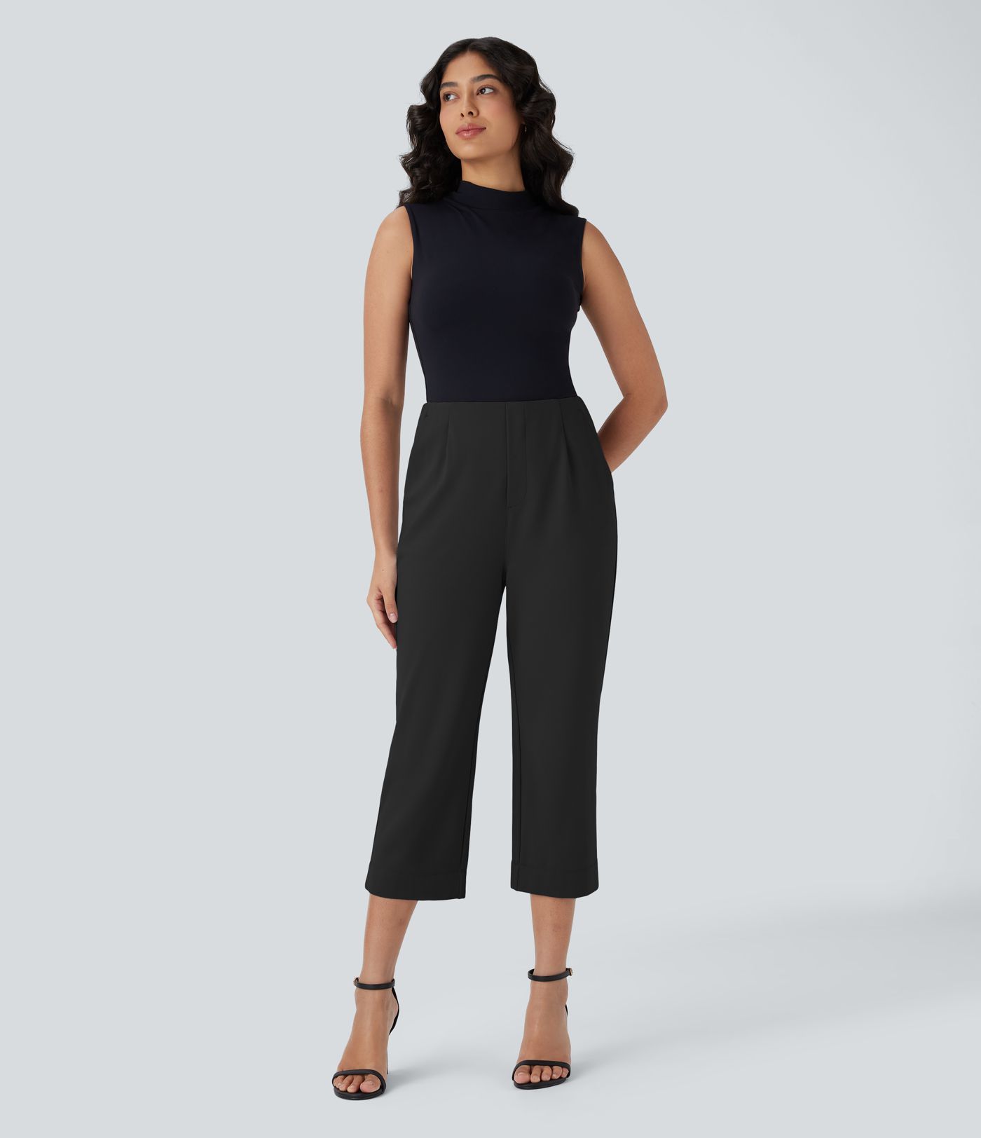 Pantalones Capri de trabajo rectos de cintura alta con bolsillos