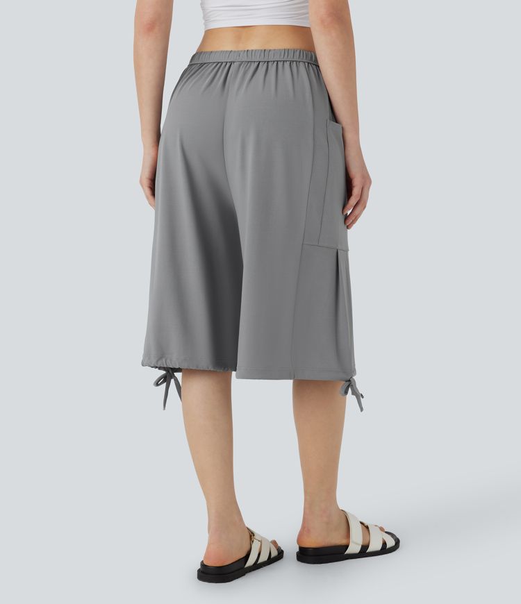 Mid Rise Drawstring Side Pocket Palazzo Flowy Wide Leg Casual Pedal Pusher Pants