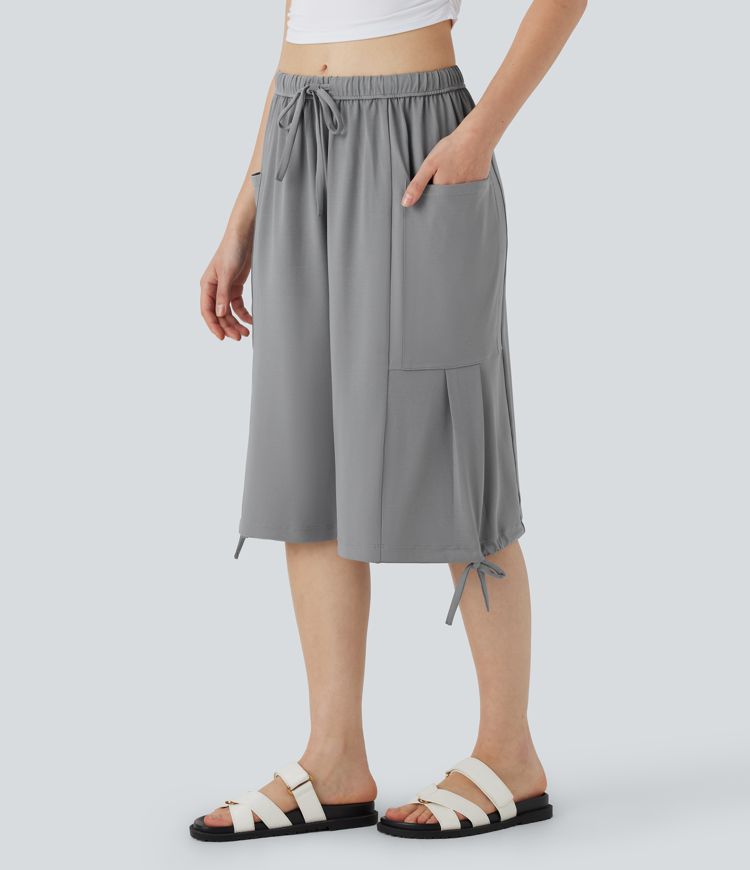 Mid Rise Drawstring Side Pocket Palazzo Flowy Wide Leg Casual Pedal Pusher Pants