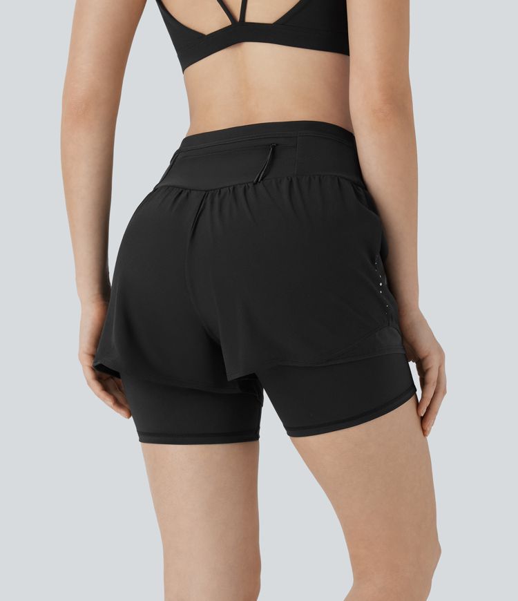 SpeedWave™ High Waisted Tummy Control Reflective Pockets Contrast Mesh 2-in-1 Quick Dry Running Shorts