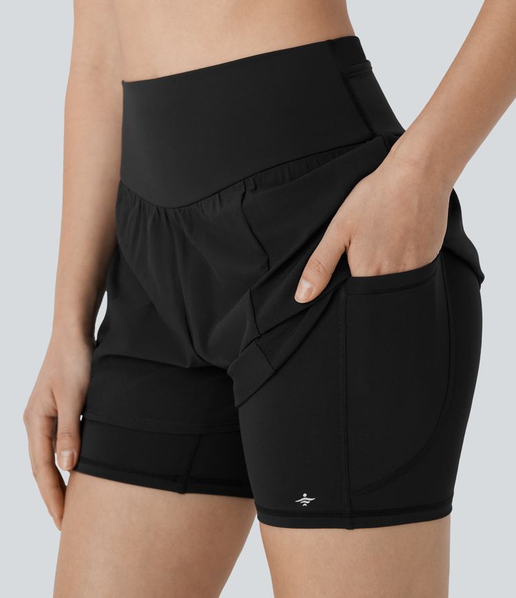 SpeedWave™ High Waisted Tummy Control Reflective Pockets Contrast Mesh 2-in-1 Quick Dry Running Shorts