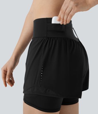 SpeedWave™ High Waisted Tummy Control Reflective Pockets Contrast Mesh 2-in-1 Quick Dry Running Shorts