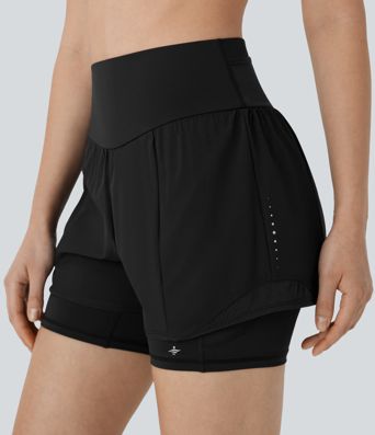 SpeedWave™ High Waisted Tummy Control Reflective Pockets Contrast Mesh 2-in-1 Quick Dry Running Shorts