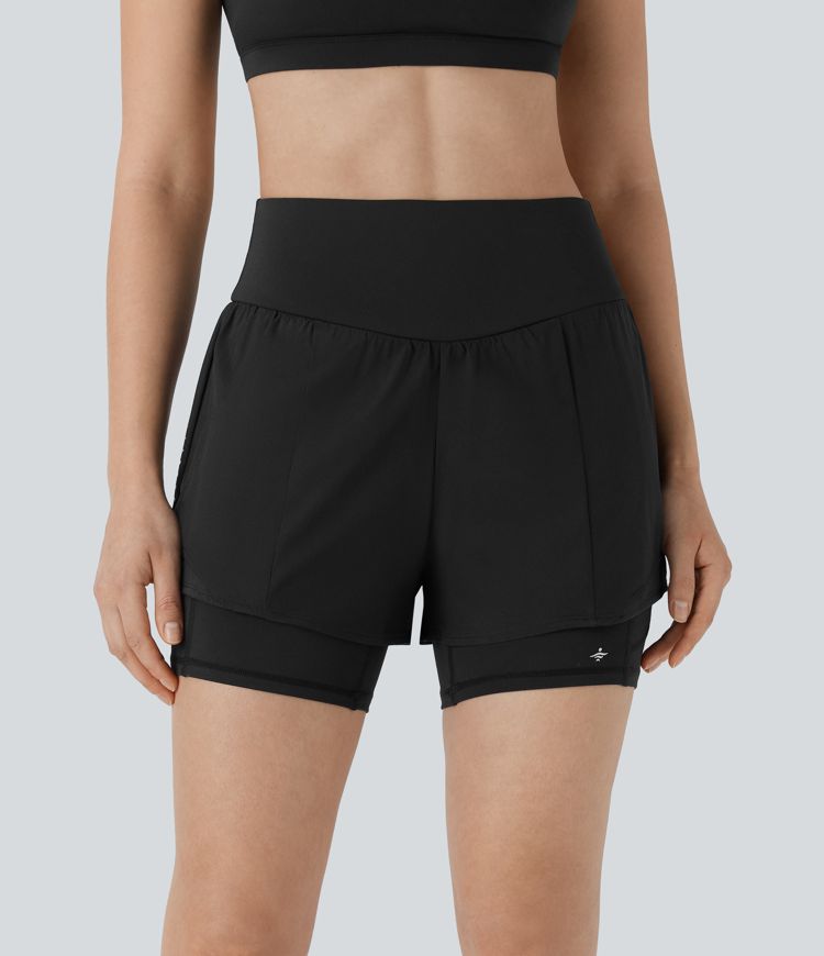 SpeedWave™ High Waisted Tummy Control Reflective Pockets Contrast Mesh 2-in-1 Quick Dry Running Shorts