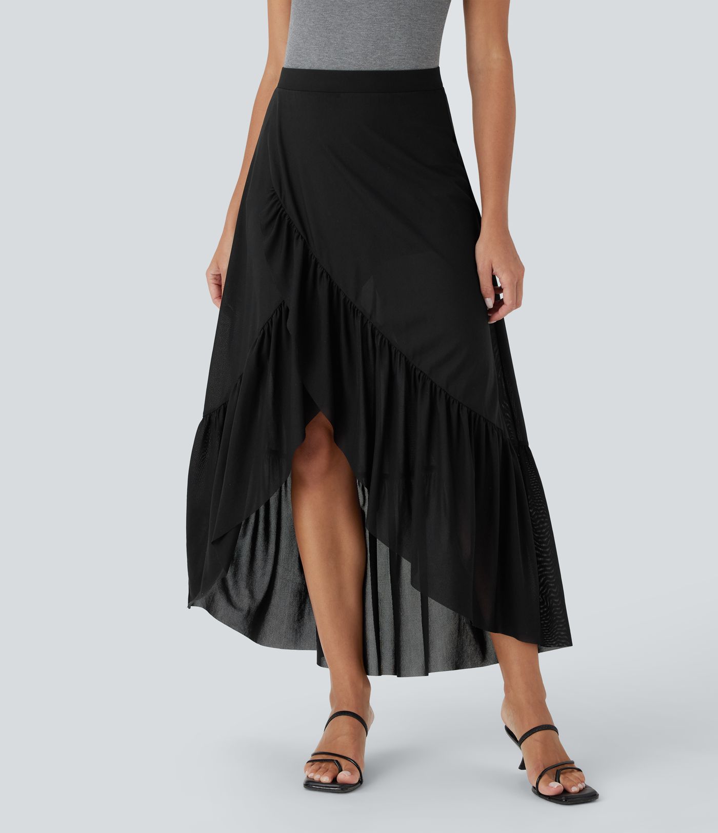 High Waisted High Low Ruffle Hem 2-in-1 Side Pocket Flowy Mesh Midi Casual Skirt