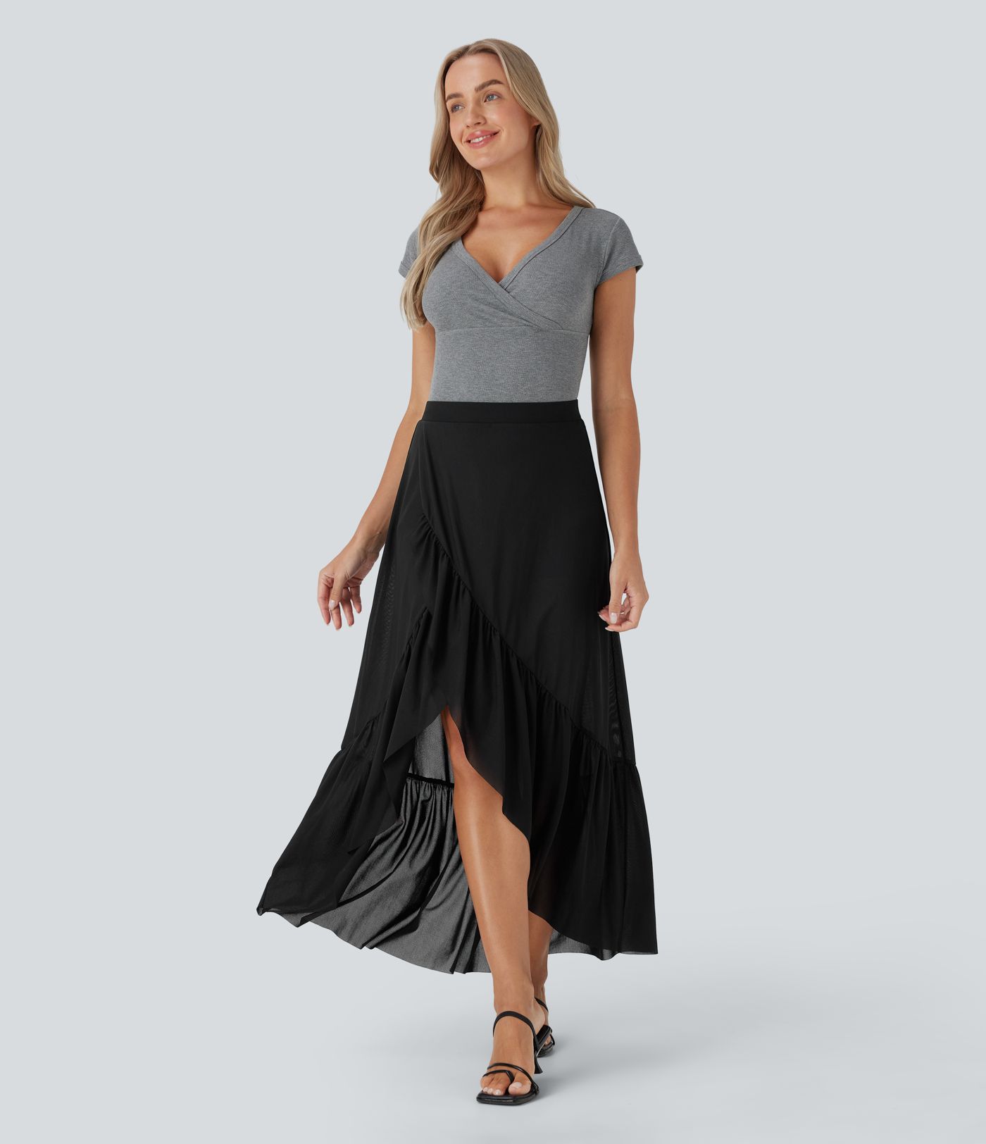 High Waisted High Low Ruffle Hem 2-in-1 Side Pocket Flowy Mesh Midi Casual Skirt