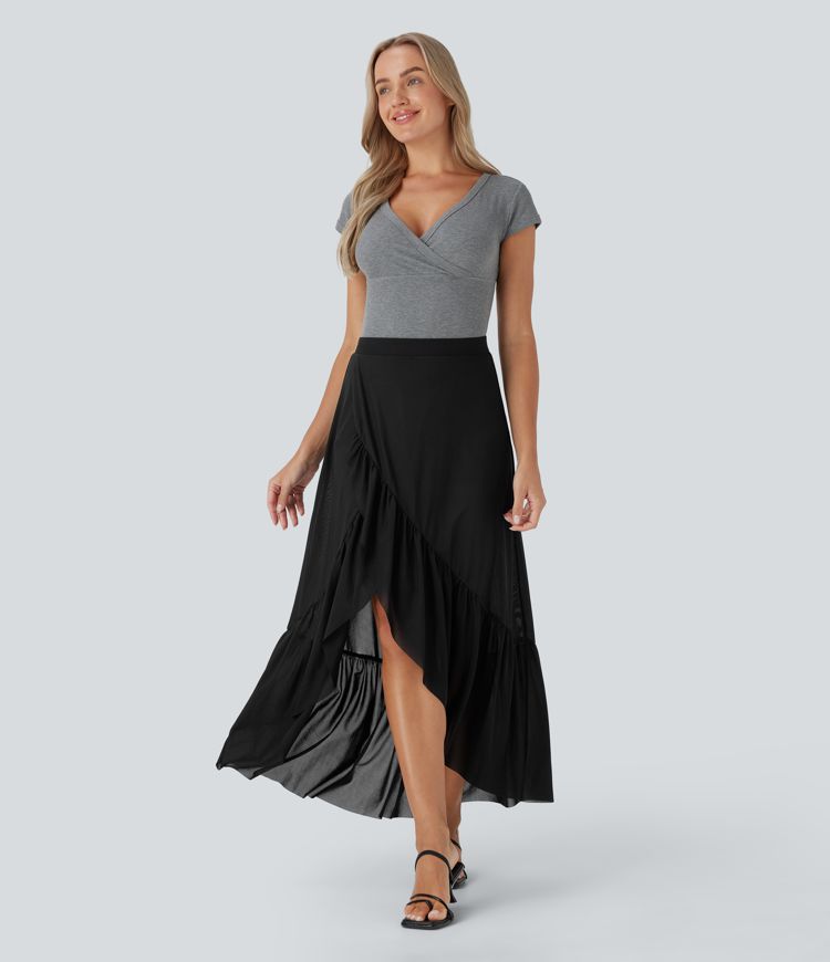 High Waisted High Low Ruffle Hem 2-in-1 Side Pocket Flowy Mesh Midi Casual Skirt