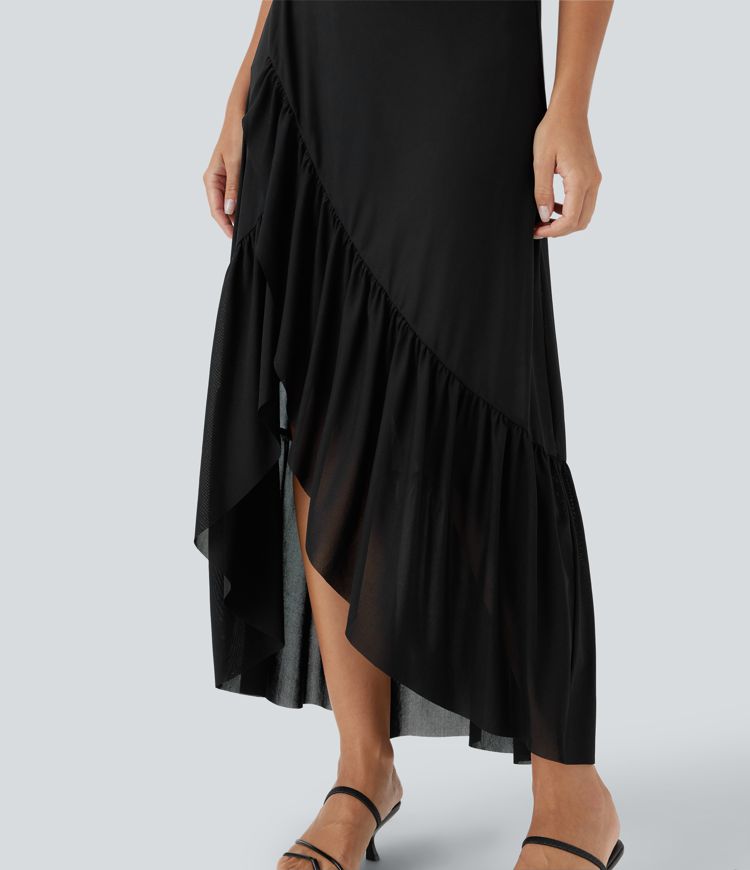 High Waisted High Low Ruffle Hem 2-in-1 Side Pocket Flowy Mesh Midi Casual Skirt