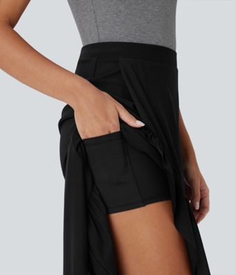 High Waisted High Low Ruffle Hem 2-in-1 Side Pocket Flowy Mesh Midi Casual Skirt