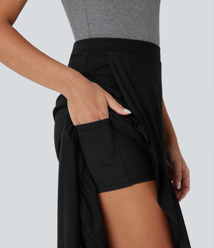 High Waisted High Low Ruffle Hem 2-in-1 Side Pocket Flowy Mesh Midi Casual Skirt