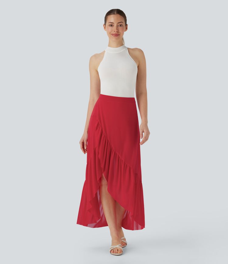 High Waisted High Low Ruffle Hem 2-in-1 Pocket Flowy Mesh Midi Casual Skirt