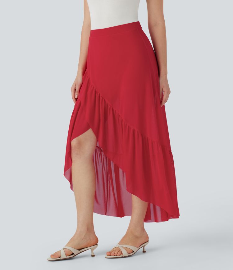 High Waisted High Low Ruffle Hem 2-in-1 Pocket Flowy Mesh Midi Casual Skirt