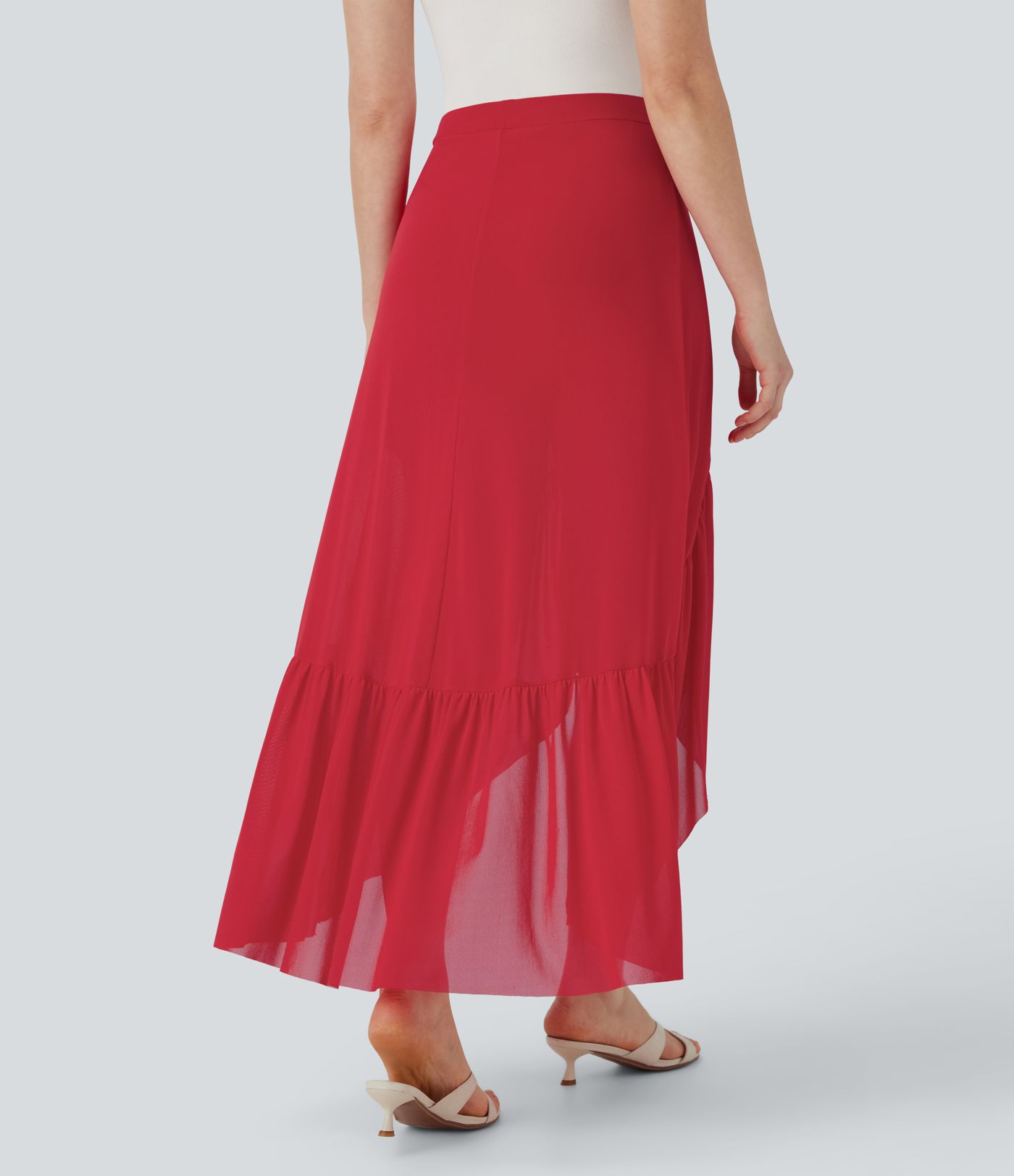 Fließender 2-in-1 Freizeit-Midirock mit hohem Bund, Seitentaschen, Rüschensaum, kontrastierendem Mesh und High-Low-Design