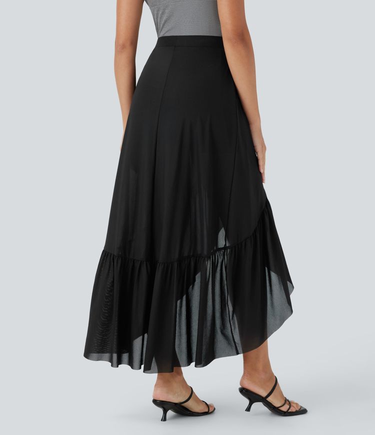 High Waisted High Low Ruffle Hem 2-in-1 Side Pocket Flowy Mesh Midi Casual Skirt