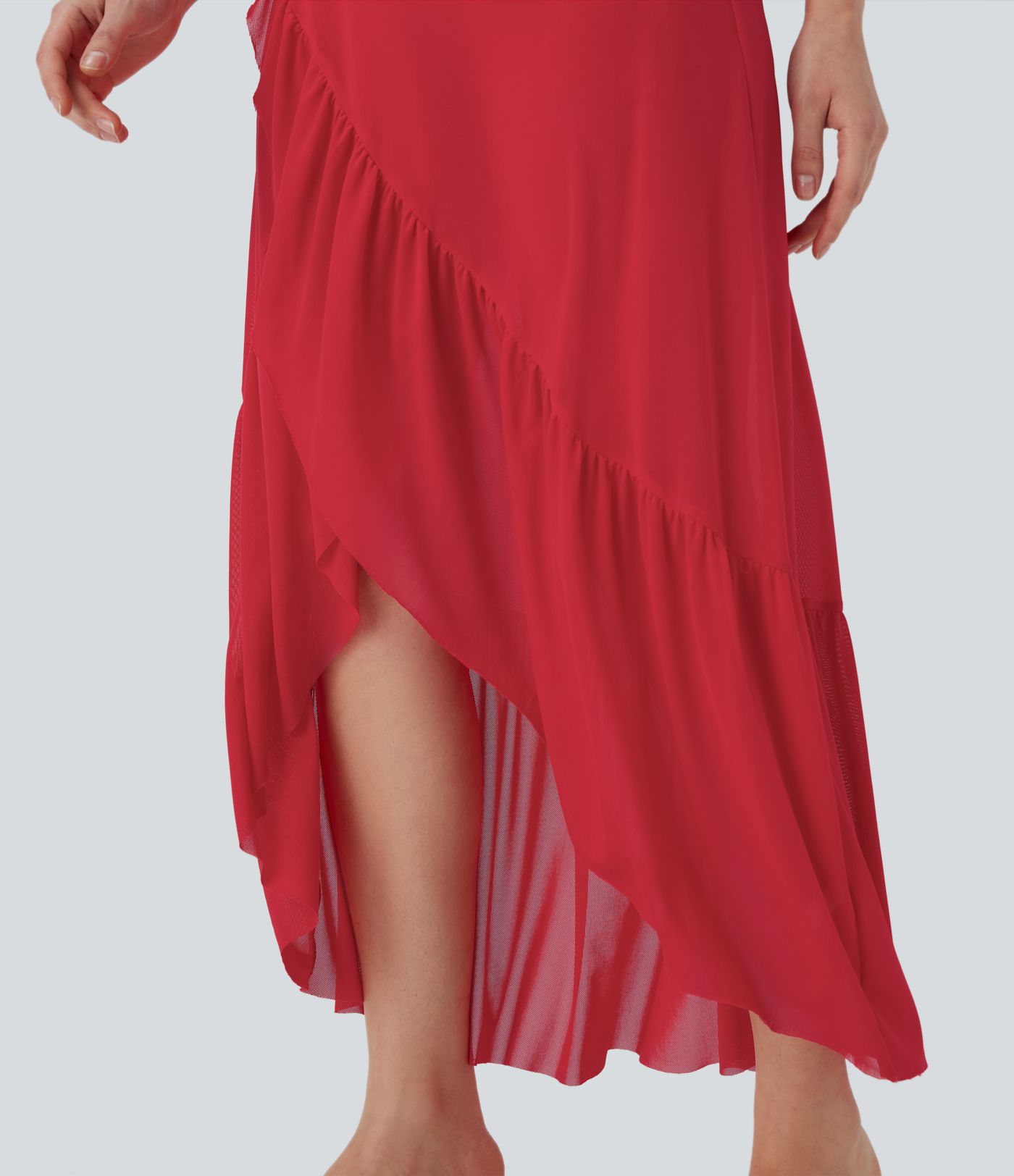 Fließender 2-in-1 Freizeit-Midirock mit hohem Bund, Seitentaschen, Rüschensaum, kontrastierendem Mesh und High-Low-Design