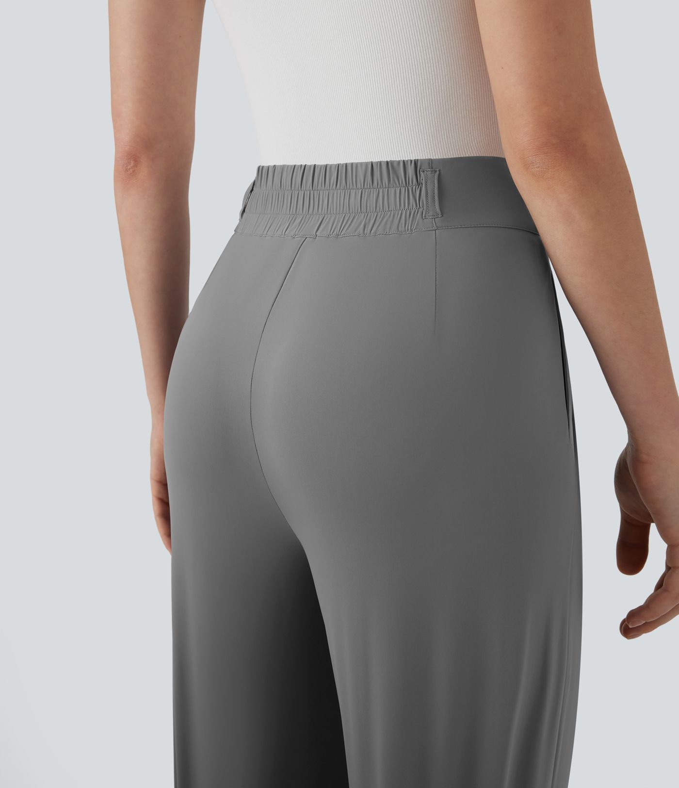 High Waisted Zipper Pocket Shirred Straight Leg Cool Touch Work Pants