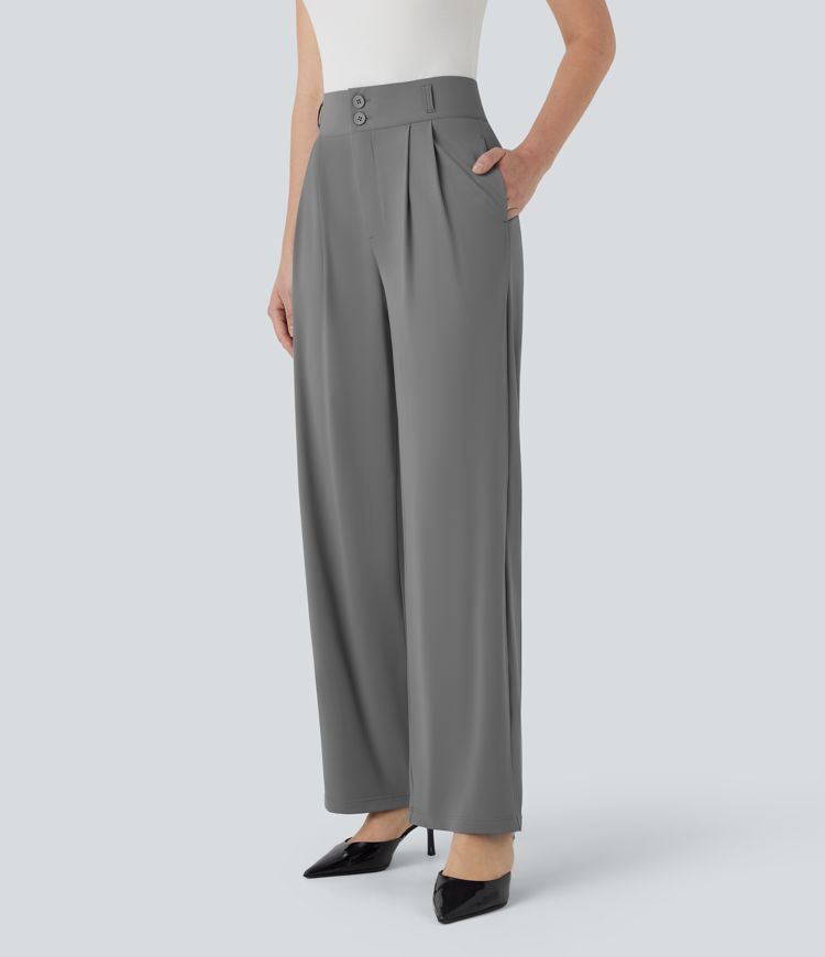 High Waisted Zipper Pocket Shirred Straight Leg Cool Touch Work Pants