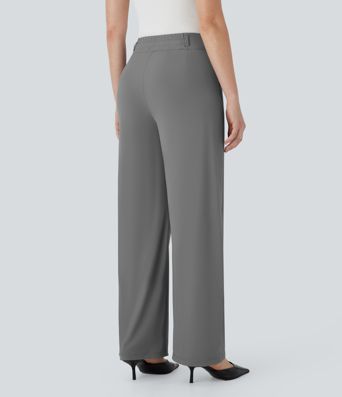 High Waisted Zipper Pocket Shirred Straight Leg Cool Touch Work Pants