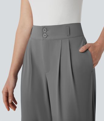 High Waisted Zipper Pocket Shirred Straight Leg Cool Touch Work Pants