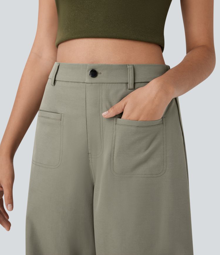 High Waisted Pockets Barrel Leg Casual Pants