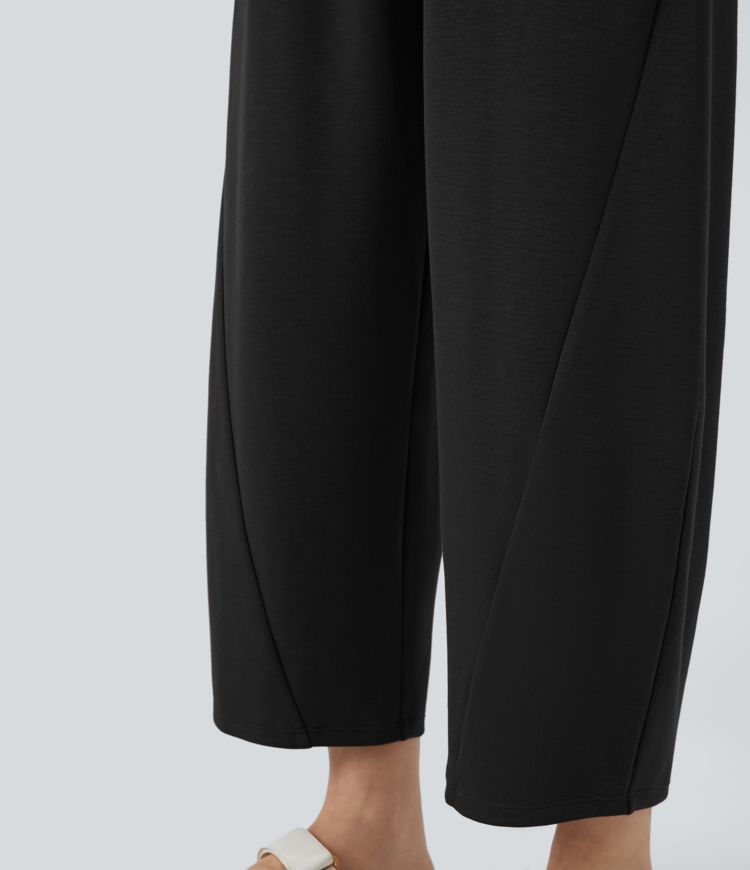 Mid Rise Pocket Barrel Leg Casual Pants