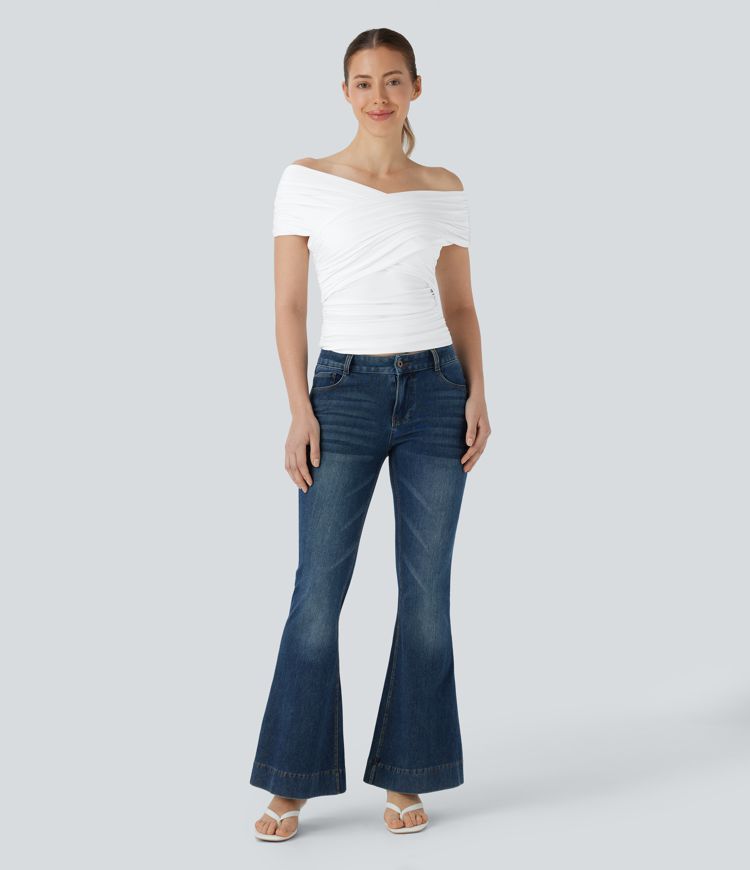 Enges, gerafftes Crossover-Freizeittop mit V-Ausschnitt und Flügelärmeln